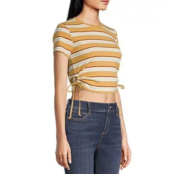Arizona Crop Top Stripe Round Neck T-Shirt - Gold Multi Stripe - Juniors XL - Picture 2 of 7